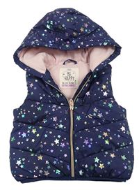 Tmavomodrá šusťáková zateplená vesta s hvězdičkami a kapucí zn. F&F