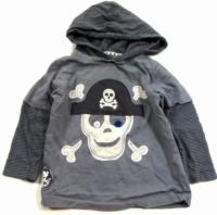 Šedo-pruhované triko s pirátskou lebkou a kapucí zn. TU