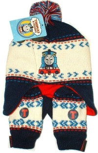 Outlet - 2set - Modro-smetanová čepička+rukavičky s Thomasem