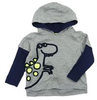 Šedo-tmavomodré melírované triko s dinosaurem a kapucí zn. Bluezoo