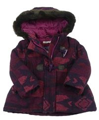 Purpurovo-vínový vzorovaný vlněný zateplený kabát s kapucí s kožešinou zn. M&S