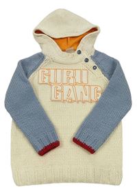 Smetanovo-modrý vlněný svetr s logem a kapucí zn. Guru Gang