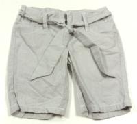Šedo-bílé pruhované 3/4 plátěné kalhoty s páskem 