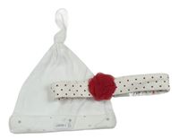 2Set - Bílá čepice s hvězdičkami + bílo/červená puntíkatá čelenka s kytičkou zn. Peacocks