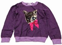 purpurovo-fialový svetr s kočičkou a mašličkou zn. H&M