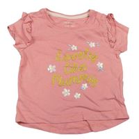 Růžové tričko se zlatým nápisem a květy zn. Primark