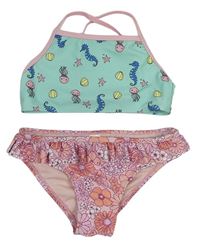 2set- Světlemodrá plavková podprsenka s mořskými zvířátky + Růžové květované plavkové kalhotky zn. Dopodopo