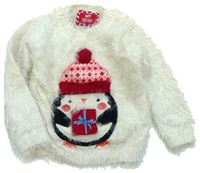 Bílý chlupatý svetr s tučňákem zn. Y.d