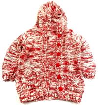 Červeno-bílý melírovaný propínací svetřík s kapucí 