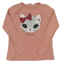 Starorůžové triko s kočkou zn. H&M
