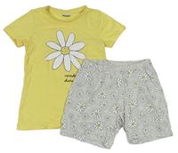 2set- Žluté tričko s kytičkou s nápisy + Šedé květované bavlněné kraťasy zn. Kids 