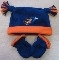 Set - tmavomodro-oranžová fleecová čepička s Tygříkem + rukavičky