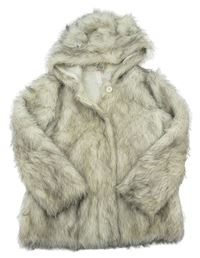 Bílo-šedý kožešinový kabát s kapucí zn. Tu