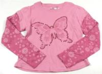 Růžové triko s motýlkem a kytičkami 