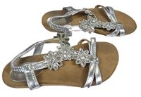 Stříbrno-hnědé koženkové sandály s kytičkami s kamínky zn. huLLabaLOO vel. 34