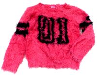 Růžovo-černý chlupatý svetr s číslem zn. F&F
