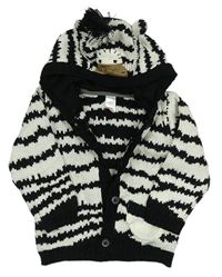 Bílo-černý pruhovaný/vzorovaný pletený propínací svetr s kapucí - Zebra zn. Next
