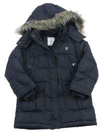 Antracitový šusťákový zimní kabát s kapucí s kožešinou zn. H&M