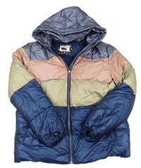Modro-růžovo-béžová metalická šusťáková zimní bunda s kapucí zn. Nutmeg