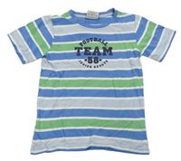 Bílo-modro-zelené pruhované tričko s nápisy zn. Topolino