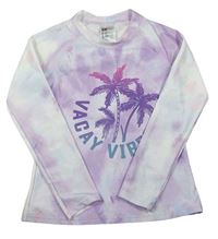 Levandulovo-bílé batikované UV triko s palmami a nápisem zn. H&M