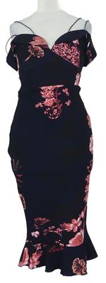 Dámské tmavomodré květované midi šaty s odhalenými rameny zn. Pink Boutique 