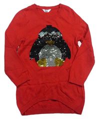 Červený vlněný svetr  s tučňákem s flitry zn. M&Co.