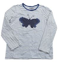Bílo-modré pruhované triko s motýlem zn. Tchibo