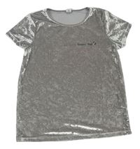 Stříbrné sametové lesklé tričko s nápisem zn. Tu