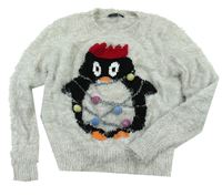 Světlešedý chlupatý svetr s tučňákem zn. New Look