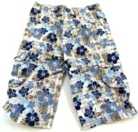 Bílo-šedo-modré plátěné květované kapsové 3/4 kalhoty 