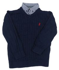 Tmavomodrý svetr s výšivkou a košilovým límcem zn. Debenhams