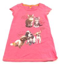 Růžové neonové tričko s kočičkami a pejsky zn. Next
