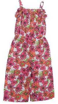 Smetanovo-růžovo-korálový květovaný kalhotový culottes overal s volánkem zn. NUTMEG