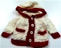 Smetanovo-červený pletený propínací svetřík s kapucí 