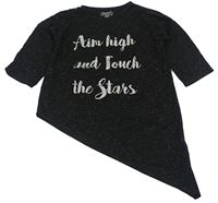 Černé asymetrické triko s nápisy a třpytkami zn. F&F