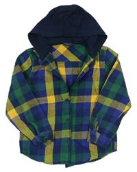 Modro-žluto-zelená kostkovaná flanelová košile s teplákovou kapucí zn. Primark