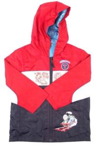 Outlet - Tmavomodro-červená šusťáková oteplená bundička s kapucí a Thomasem zn. Mothercare