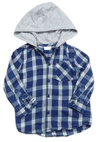 Tmavomodro-světlemodro-okrová kostkovaná košile s kapucí zn. F&F