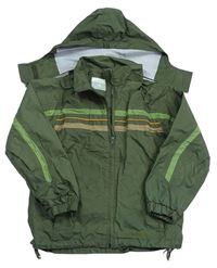 Khaki kostkovaná šusťáková outdoorová jarní bunda s pruhy a odepínací kapucí zn. TRESPASS