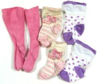 3x Růžovo-smetanovo-fialovo/bílé ponožtičky s kytičkami a puntíky