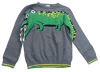 Tmavošedý melírovaný svetr s krokodýlkem a pruhy zn. F&F
