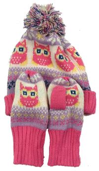2set- Fialovo-růžová čepice + rukavice 