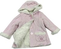 Růžový semišový zateplený kabát s kapucí zn. Mothercare 