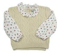 Béžový copánkový svetr s květovanými halenkovými rukávy zn. Primark 