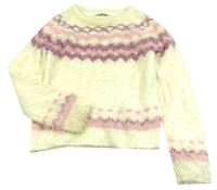 Smetanovo-růžový chlupatý svetr s kamínky zn. M&S