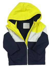 Tmavomodro-žluto-bílá nepromokavá jarní bunda s kapucí zn. F&F