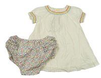 2Set - Smetanové puntíkaté šaty s barevnou výšivkou + bílo/barevné kytičkované plátěné kalhotky na plenky s volánky zn. Mothercare