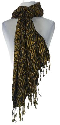 Dámská černo-zlatá vzorovaná šála s třásněmi zn. H&M