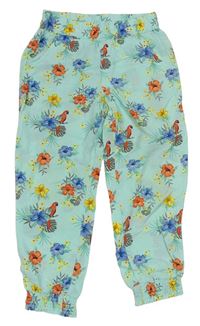 Světlemodré květované lehké harémové kalhoty s papoušky zn. H&M
